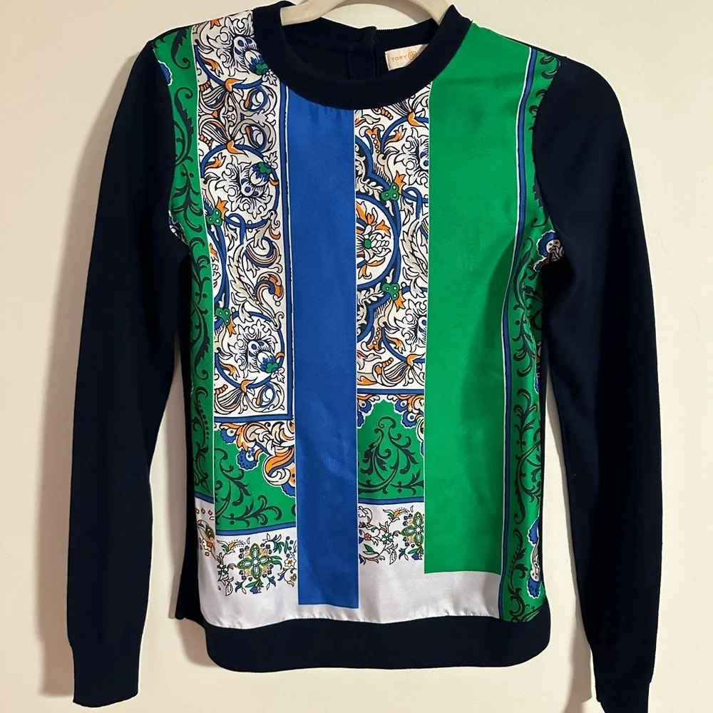Tory Burch Silk print front patch navy light sweater